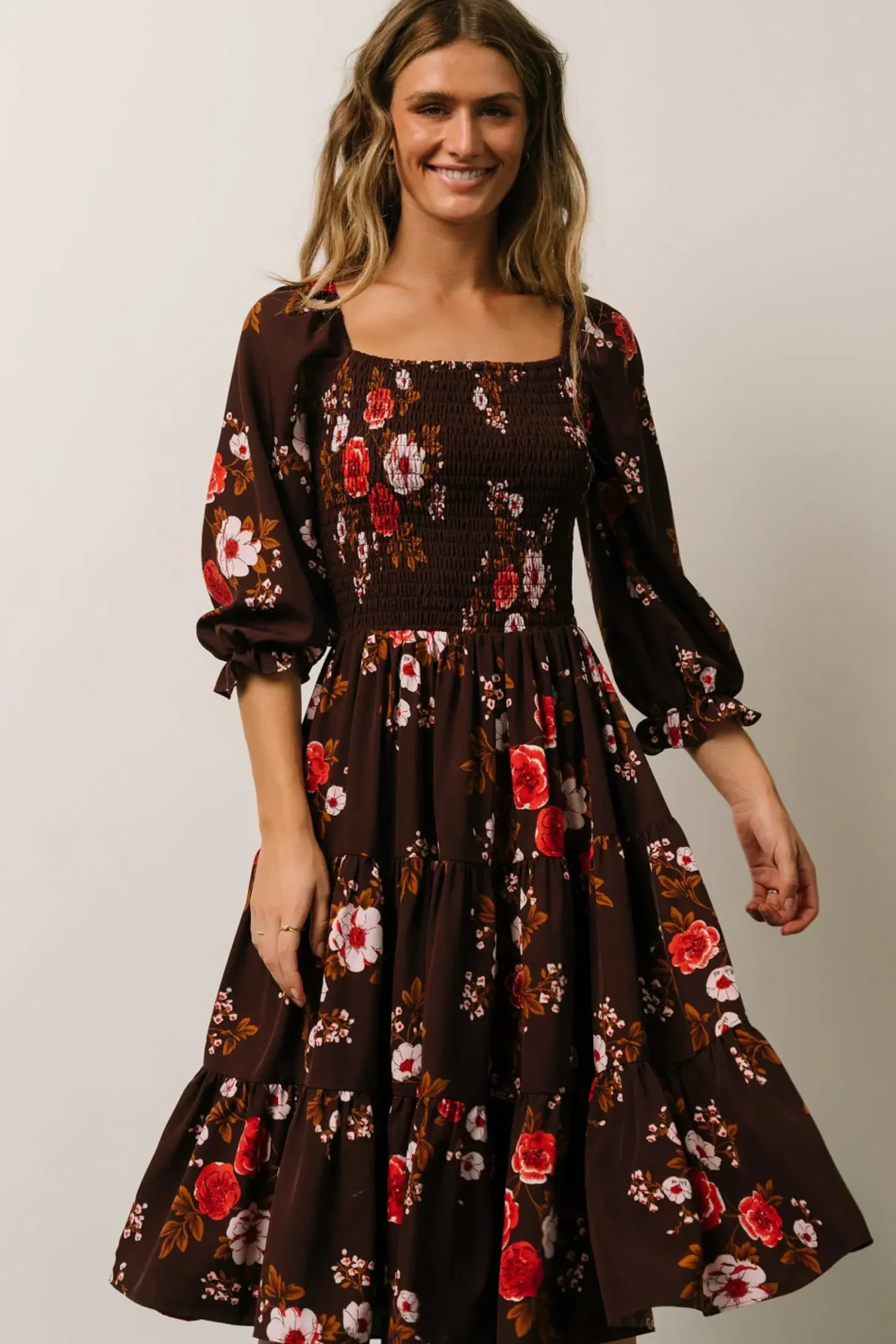 Hot Baltic Born Marta Smocked Midi Dress | Mahogany Floral