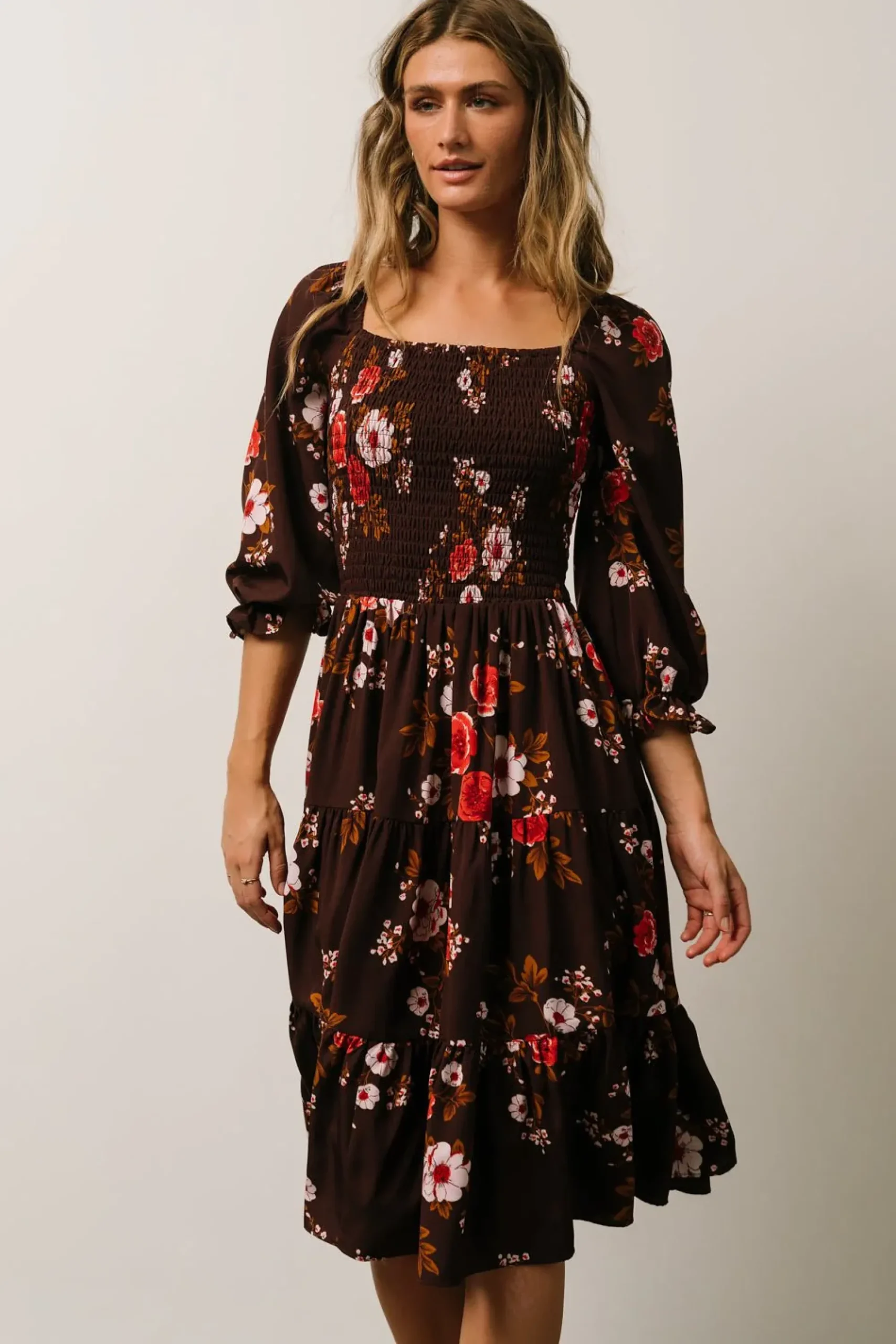 Hot Baltic Born Marta Smocked Midi Dress | Mahogany Floral
