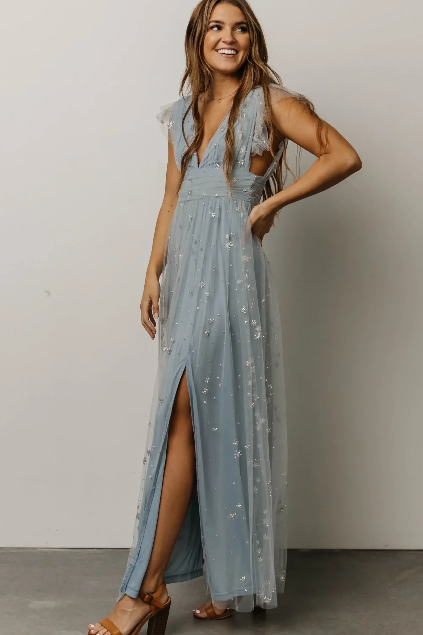 New Baltic Born Nova Shimmer Maxi Dress | Dusty Blue + Silver