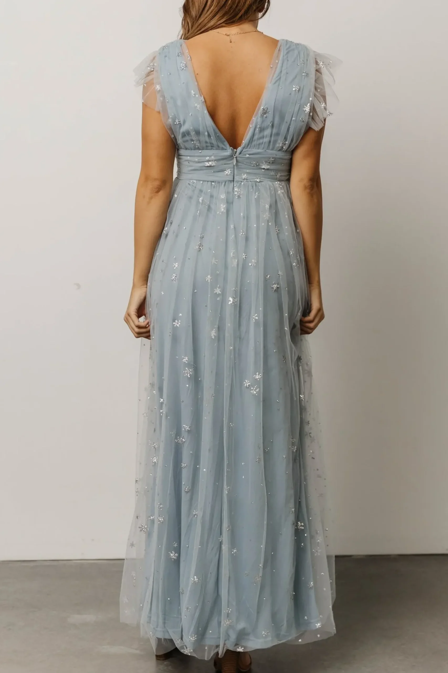 New Baltic Born Nova Shimmer Maxi Dress | Dusty Blue + Silver