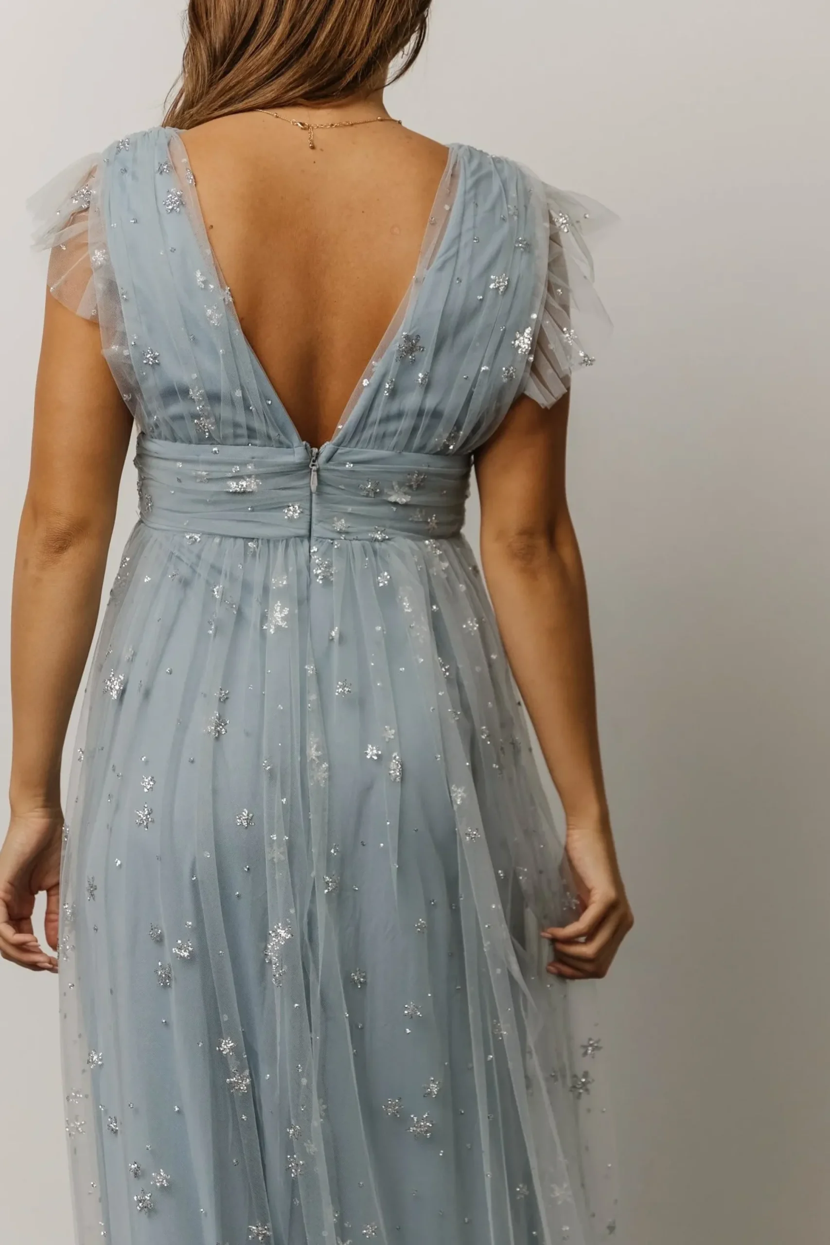 New Baltic Born Nova Shimmer Maxi Dress | Dusty Blue + Silver