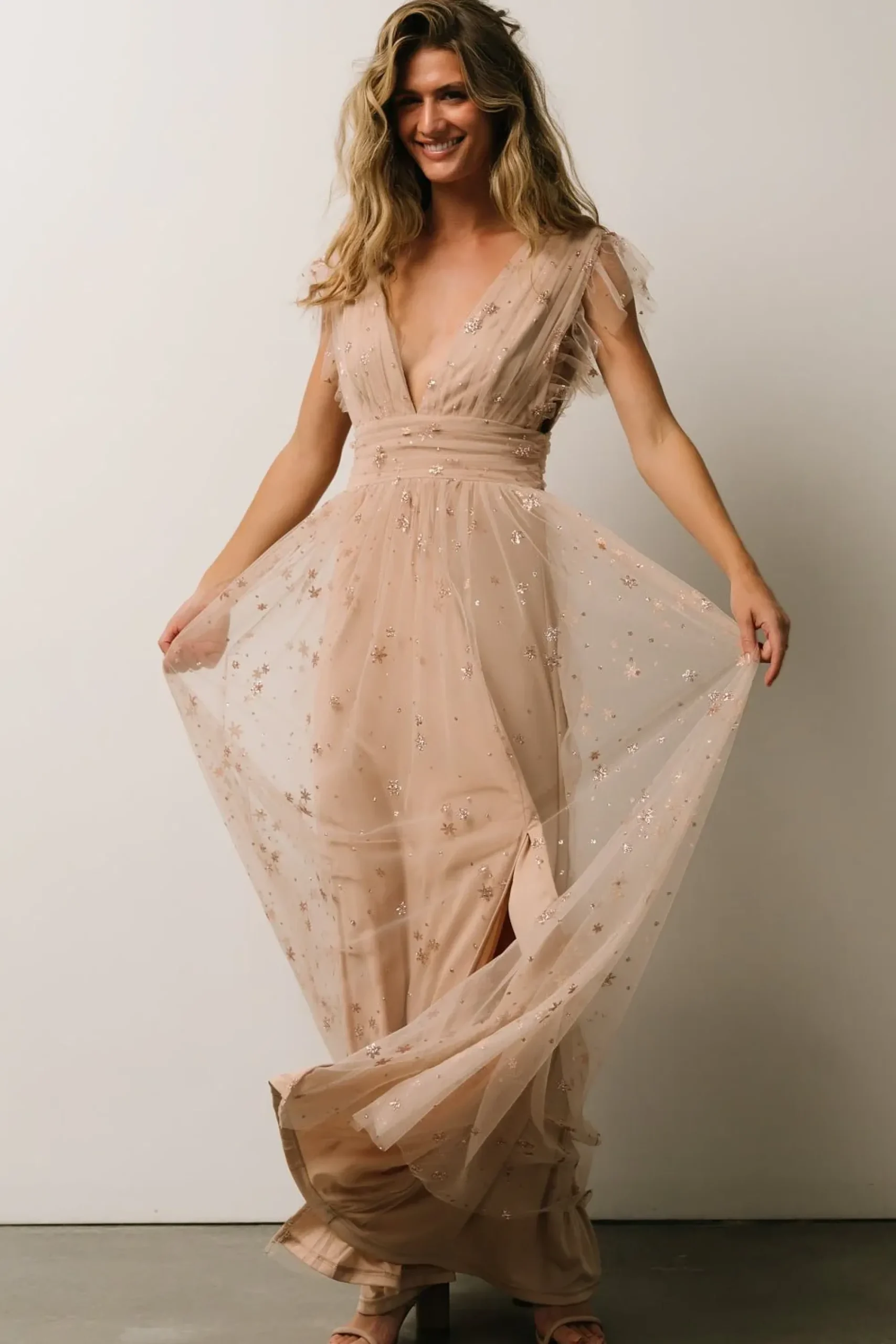 New Baltic Born Nova Shimmer Maxi Dress | Natural + Blush