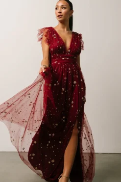 New Baltic Born Nova Shimmer Maxi Dress | Wine + Gold