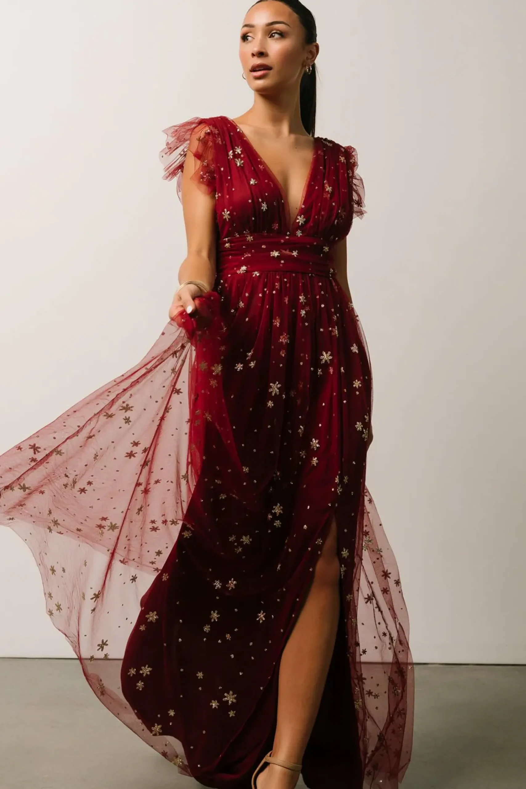 New Baltic Born Nova Shimmer Maxi Dress | Wine + Gold