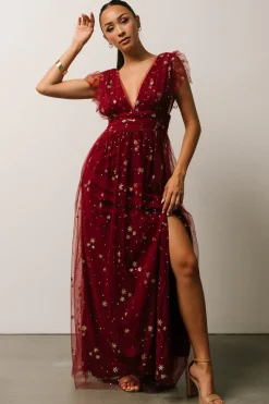 New Baltic Born Nova Shimmer Maxi Dress | Wine + Gold