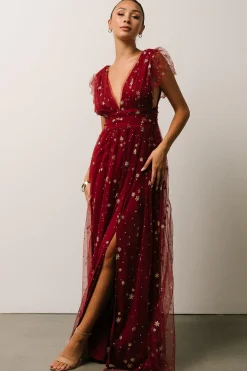New Baltic Born Nova Shimmer Maxi Dress | Wine + Gold