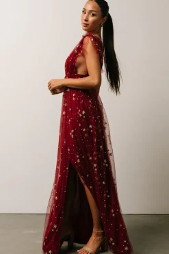 New Baltic Born Nova Shimmer Maxi Dress | Wine + Gold