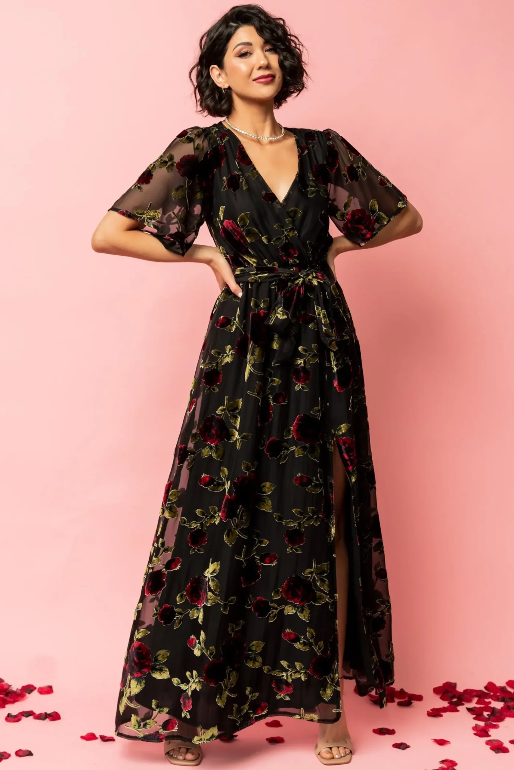New Baltic Born Parisian Velvet Maxi Dress | Black Rose Floral