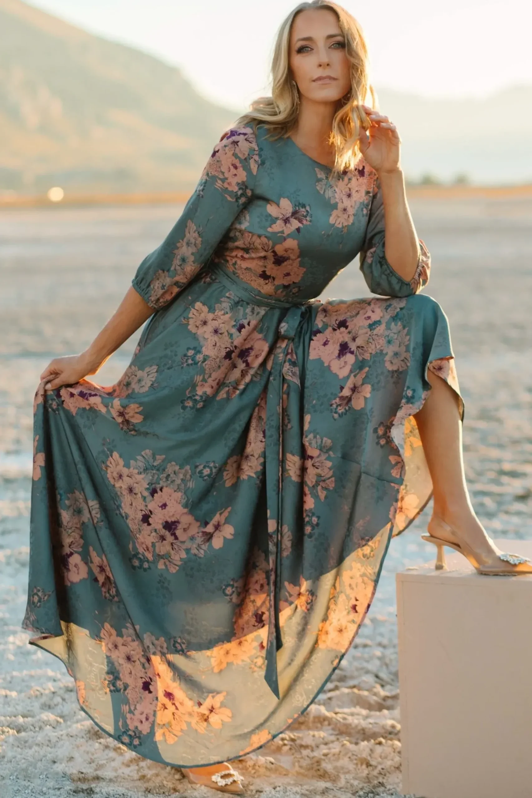 Hot Baltic Born Paula Satin Maxi Dress | Blue + Pink Multi