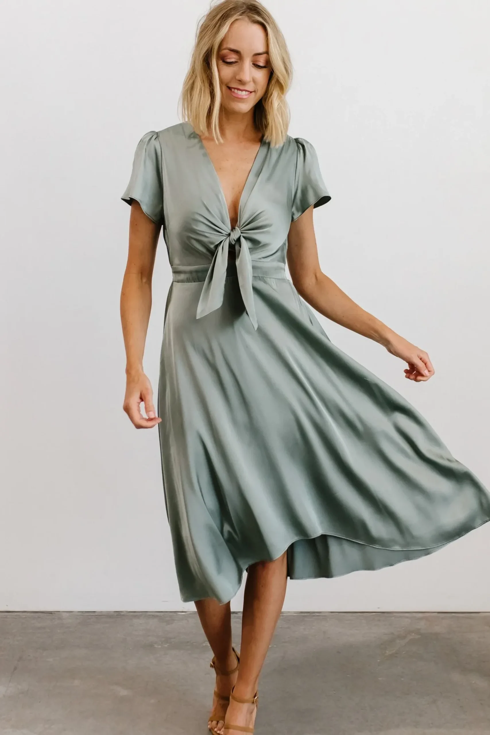 New Baltic Born Poppy Satin Midi Dress | Eucalyptus