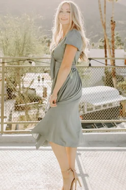 New Baltic Born Poppy Satin Midi Dress | Eucalyptus