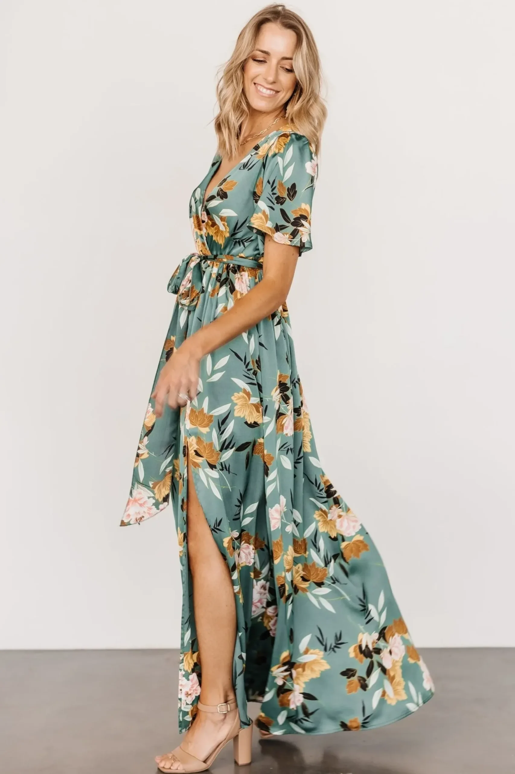 New Baltic Born Sicily Satin Maxi Dress | Eucalyptus Floral