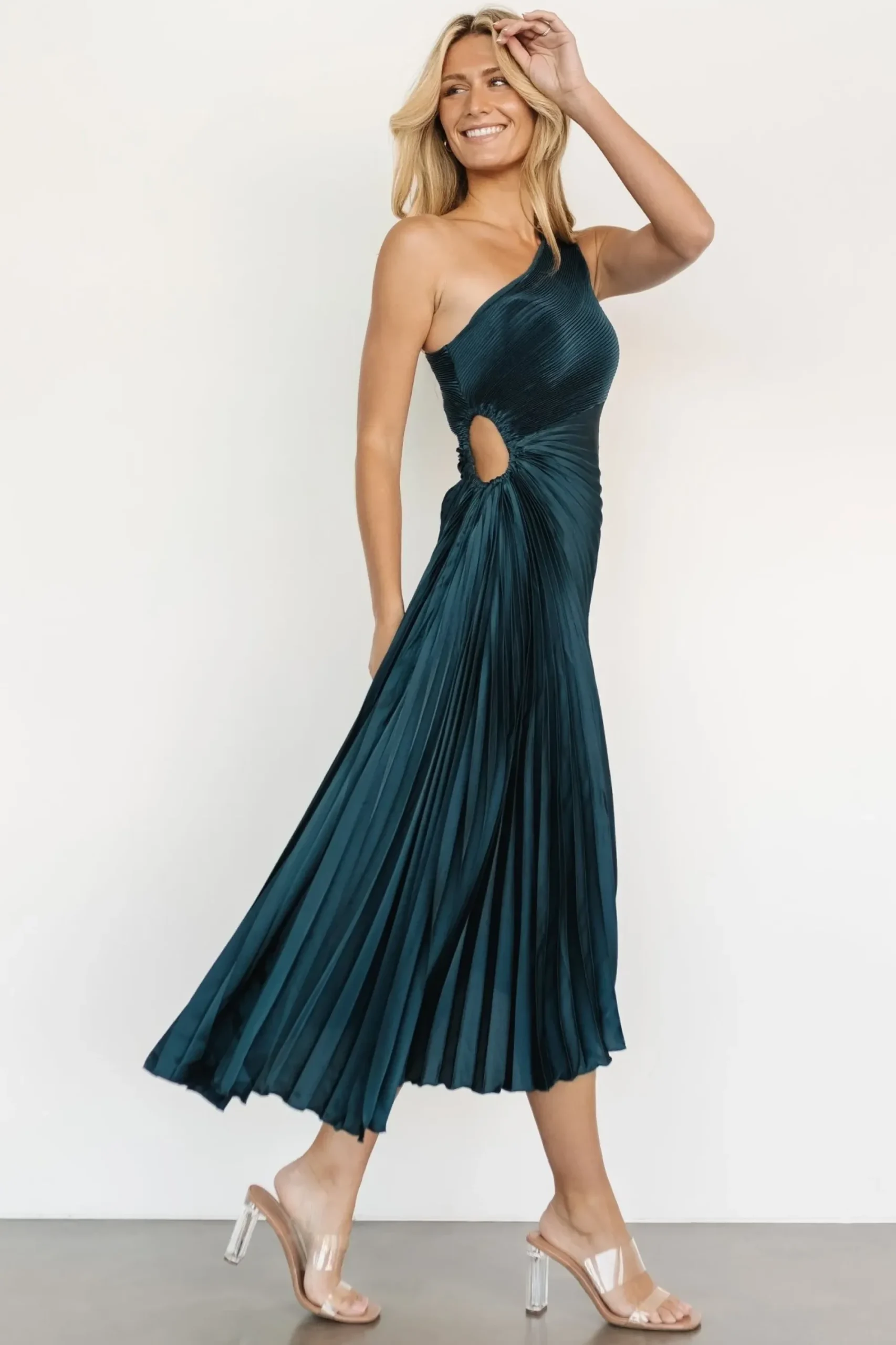 New Baltic Born Tasia One Shoulder Pleated Dress | Deep Jade