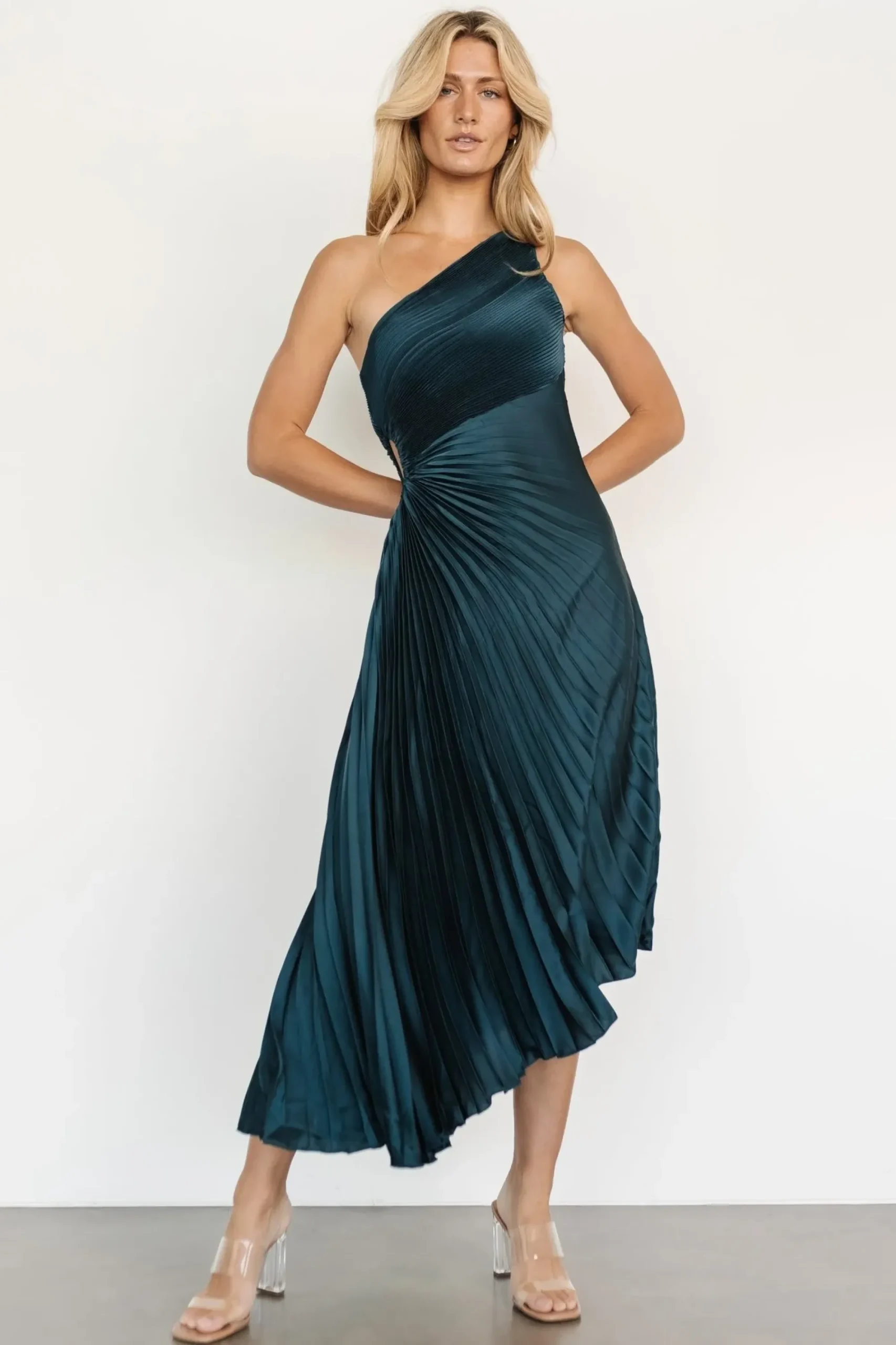 New Baltic Born Tasia One Shoulder Pleated Dress | Deep Jade