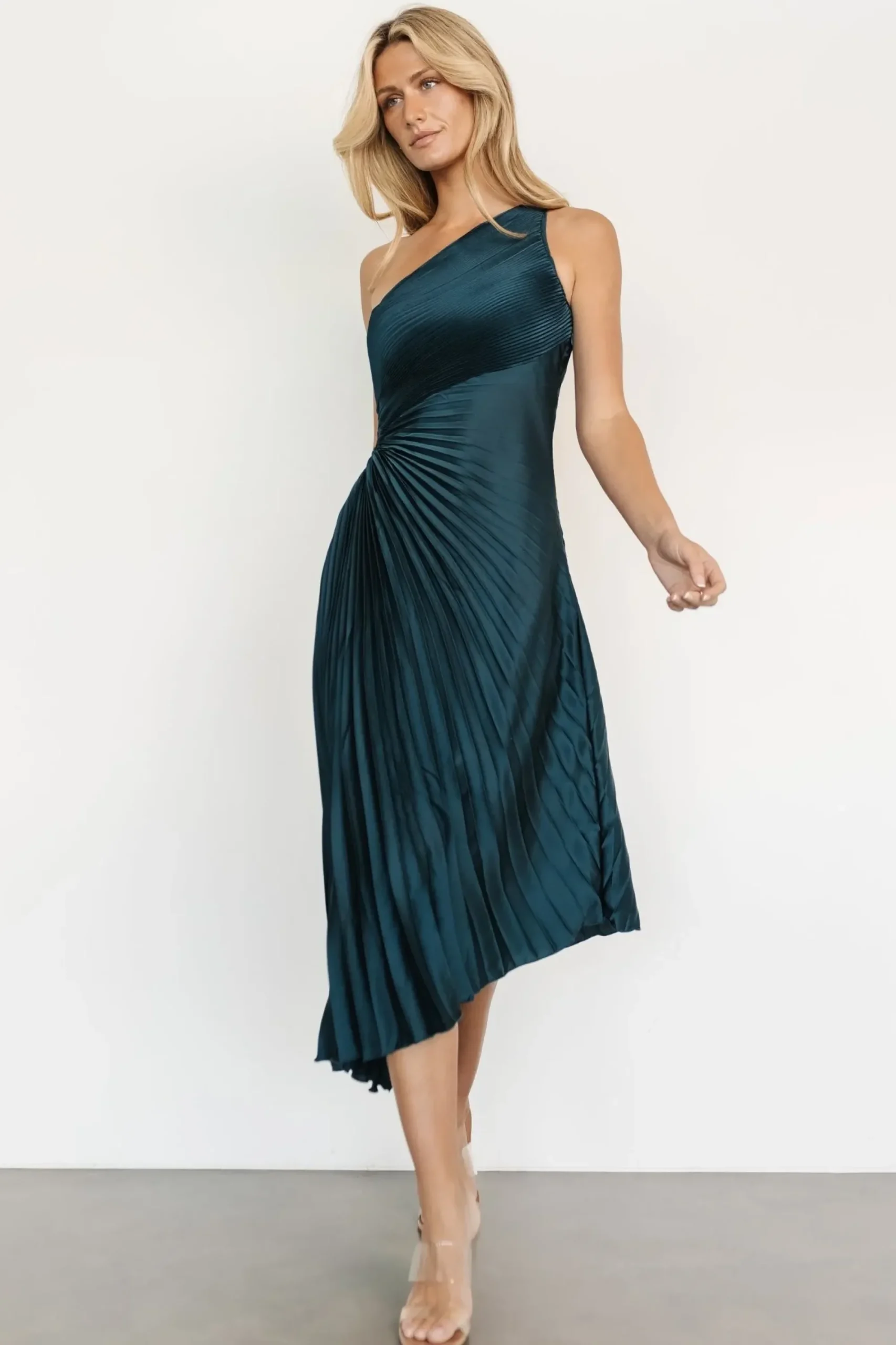 New Baltic Born Tasia One Shoulder Pleated Dress | Deep Jade