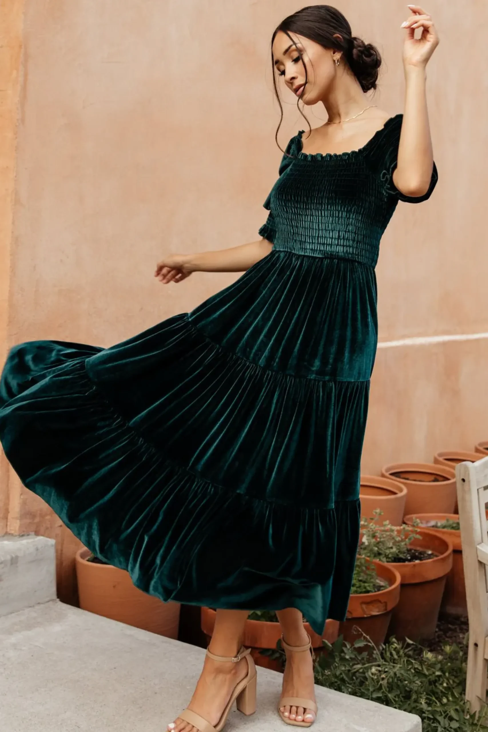 Discount Baltic Born Vivaldi Smocked Velvet Midi Dress | Dark Green