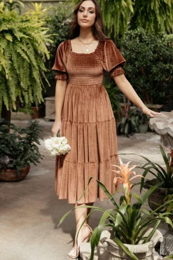Clearance Baltic Born Vivaldi Smocked Velvet Midi Dress | Bronze