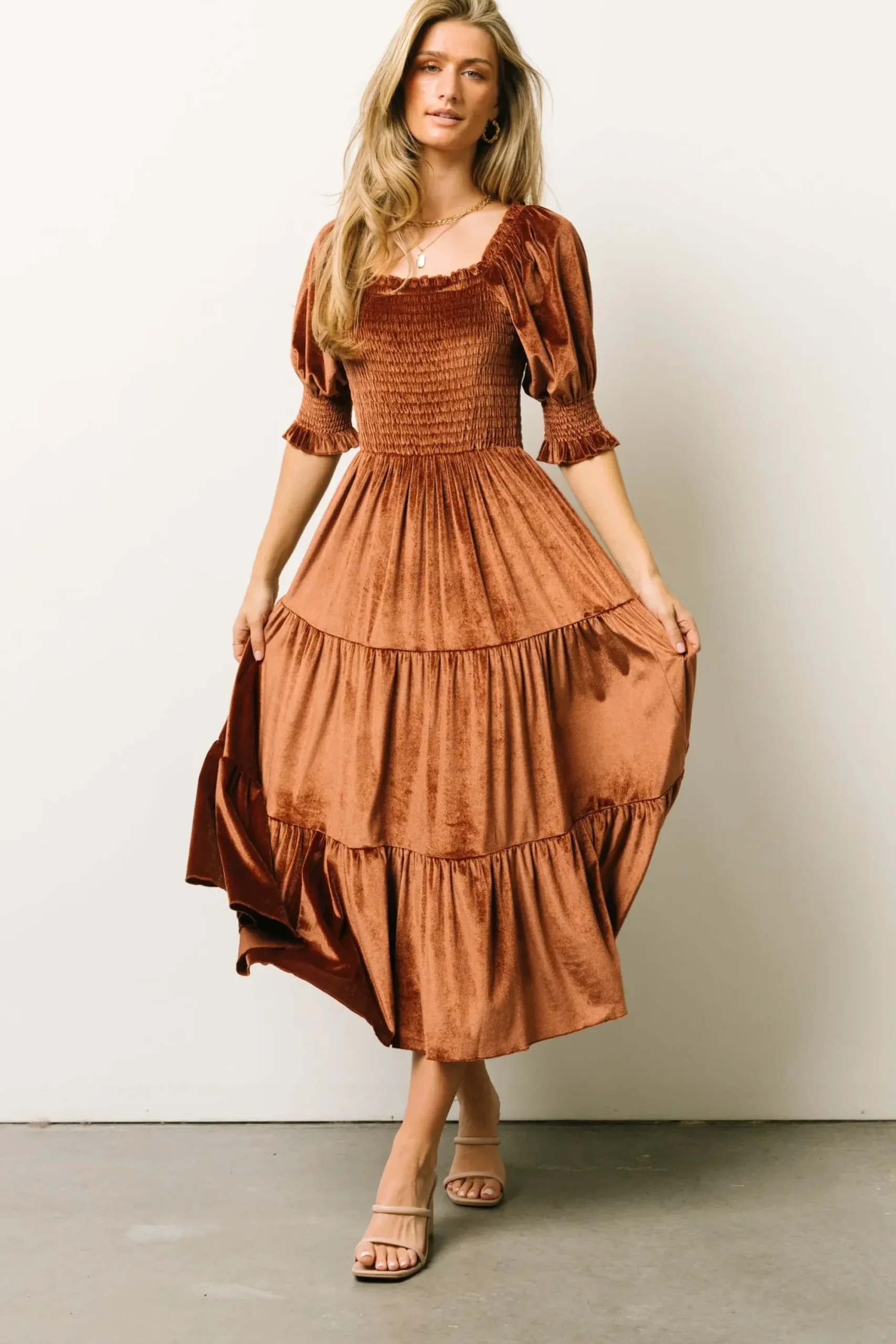 Clearance Baltic Born Vivaldi Smocked Velvet Midi Dress | Bronze