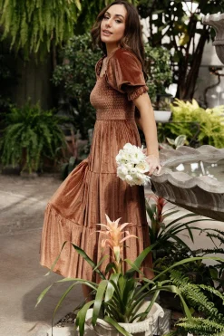 Clearance Baltic Born Vivaldi Smocked Velvet Midi Dress | Bronze