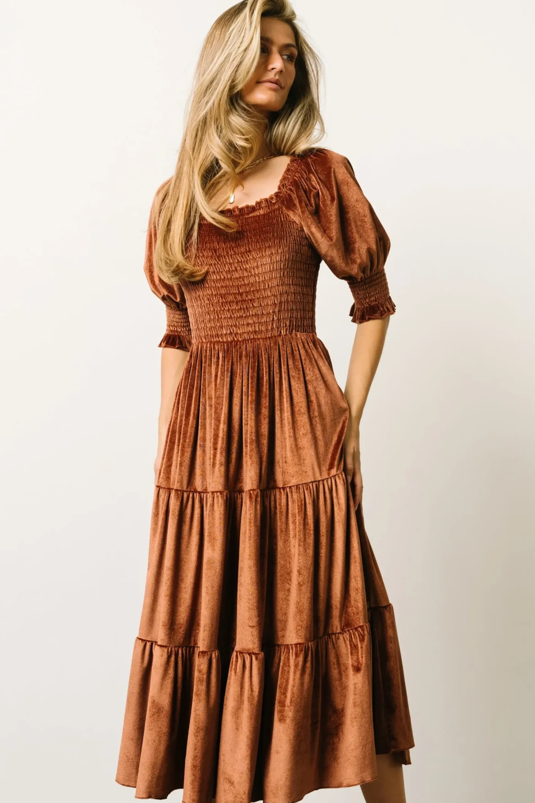 Clearance Baltic Born Vivaldi Smocked Velvet Midi Dress | Bronze