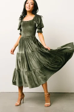Clearance Baltic Born Vivaldi Smocked Velvet Midi Dress | Dark Eucalyptus