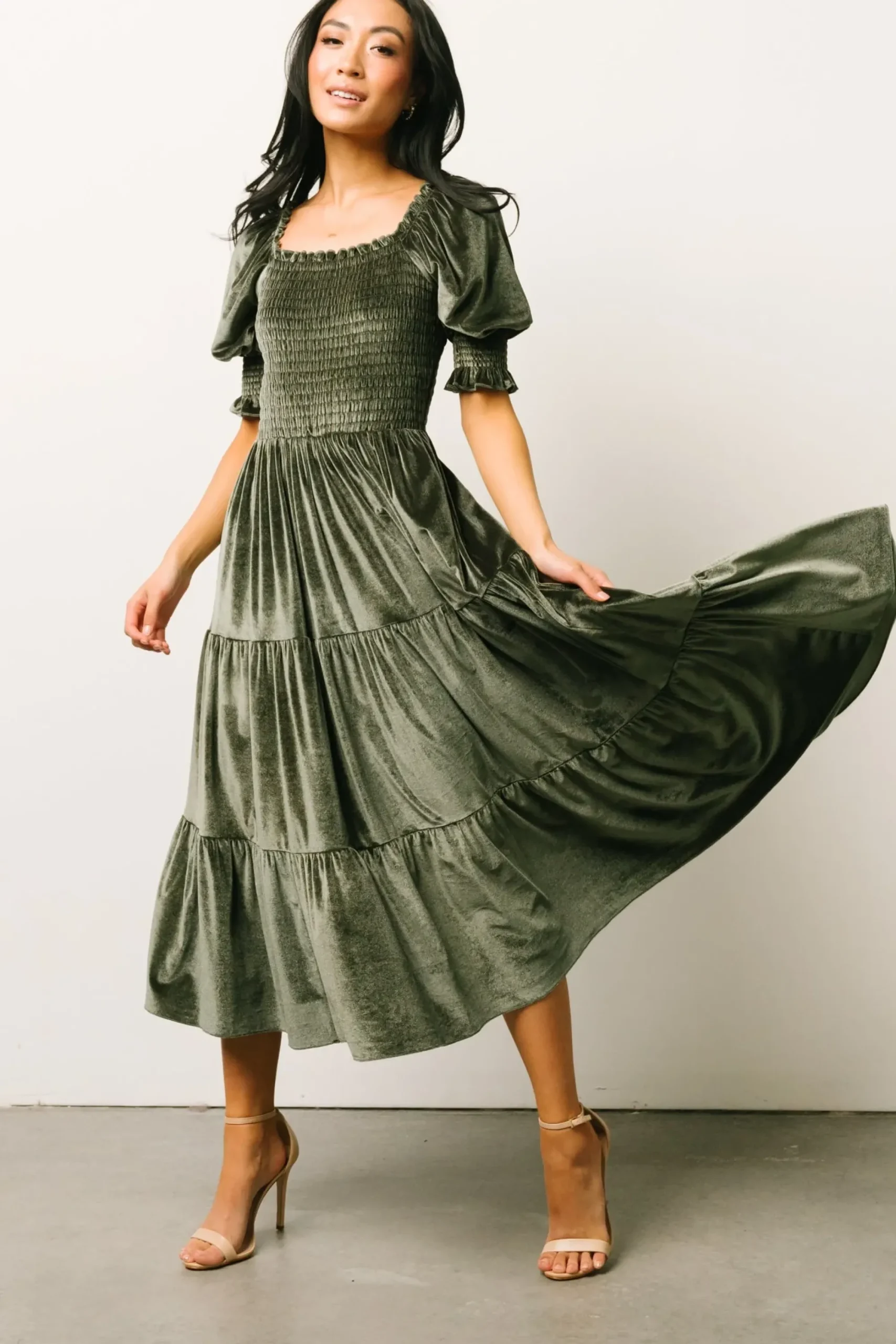 Clearance Baltic Born Vivaldi Smocked Velvet Midi Dress | Dark Eucalyptus