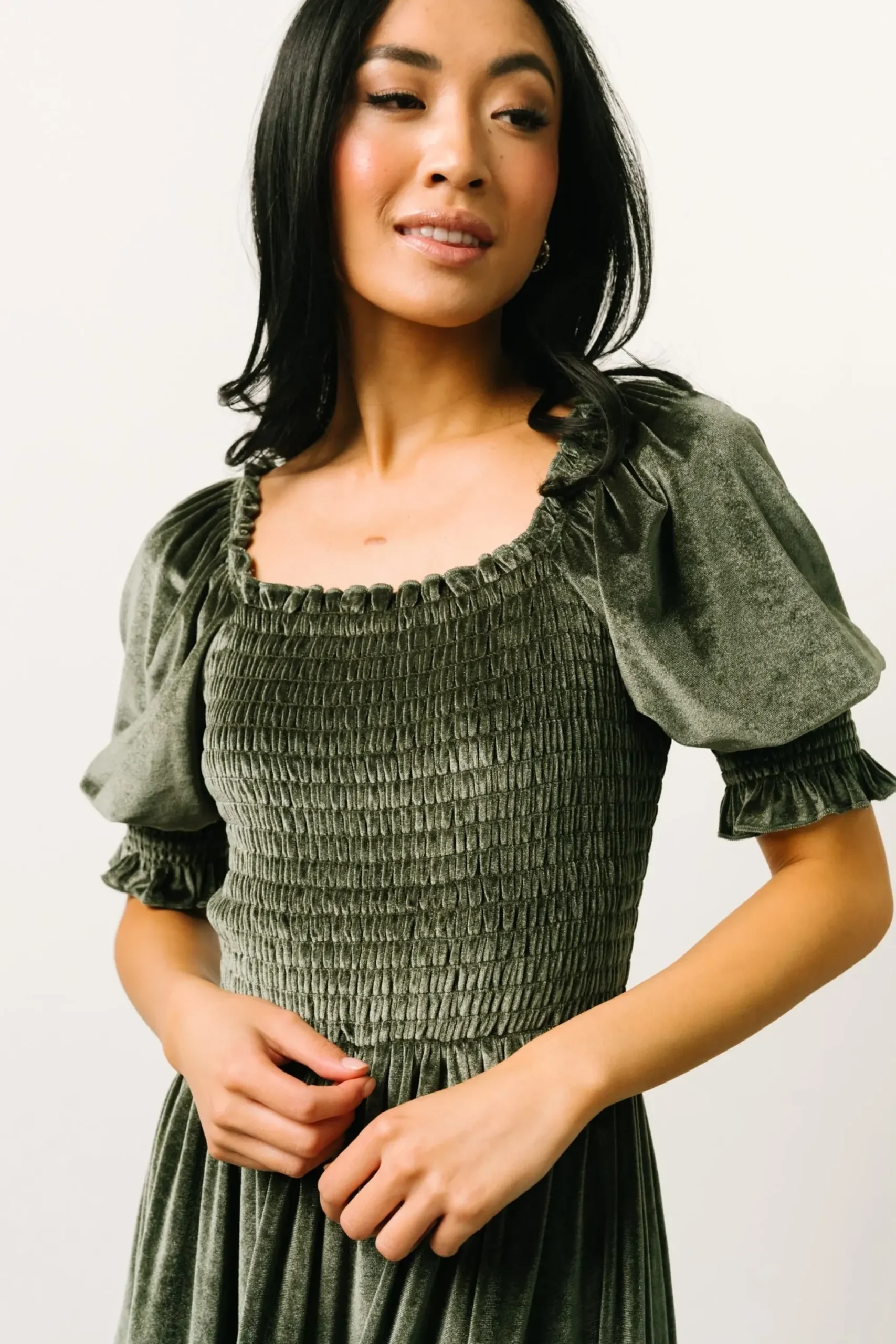Clearance Baltic Born Vivaldi Smocked Velvet Midi Dress | Dark Eucalyptus
