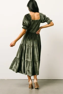 Clearance Baltic Born Vivaldi Smocked Velvet Midi Dress | Dark Eucalyptus