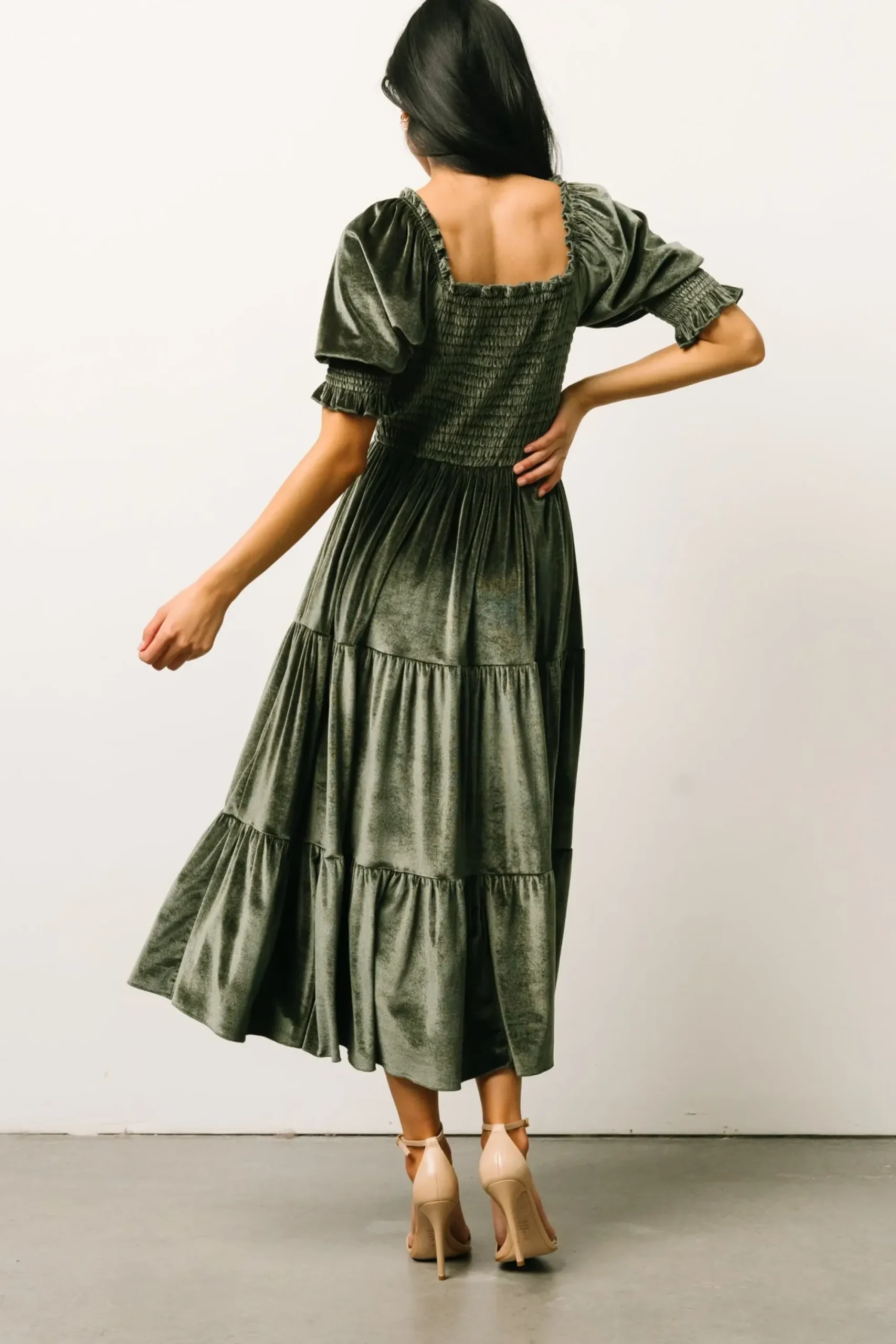 Clearance Baltic Born Vivaldi Smocked Velvet Midi Dress | Dark Eucalyptus