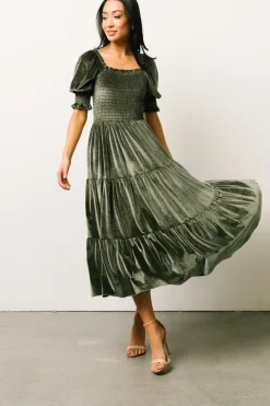 Clearance Baltic Born Vivaldi Smocked Velvet Midi Dress | Dark Eucalyptus