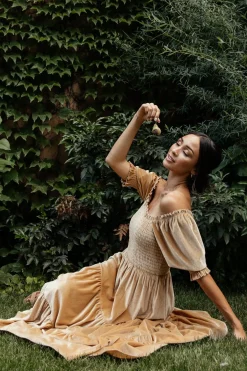 Hot Baltic Born Vivaldi Smocked Velvet Midi Dress | French Gold