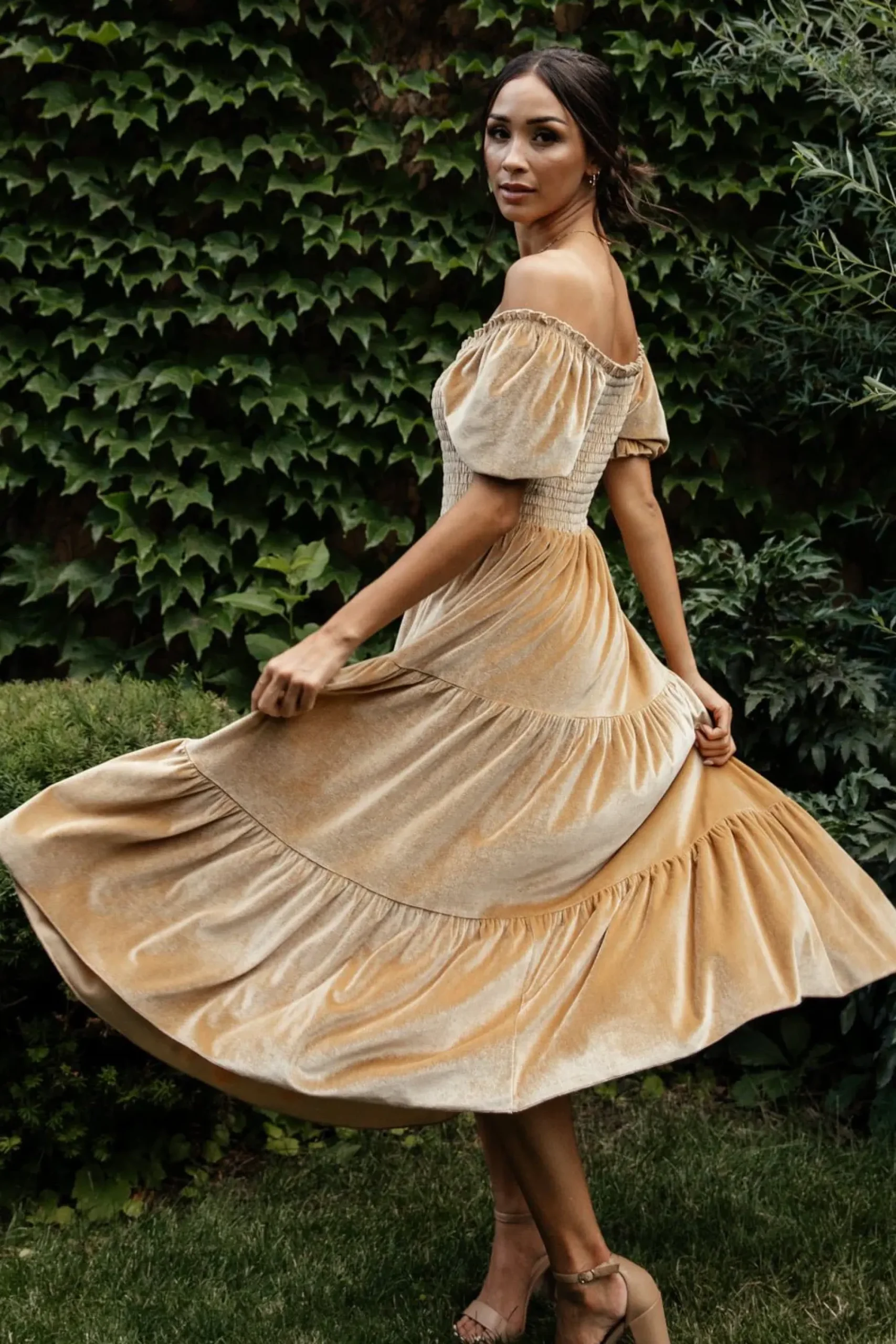 Hot Baltic Born Vivaldi Smocked Velvet Midi Dress | French Gold