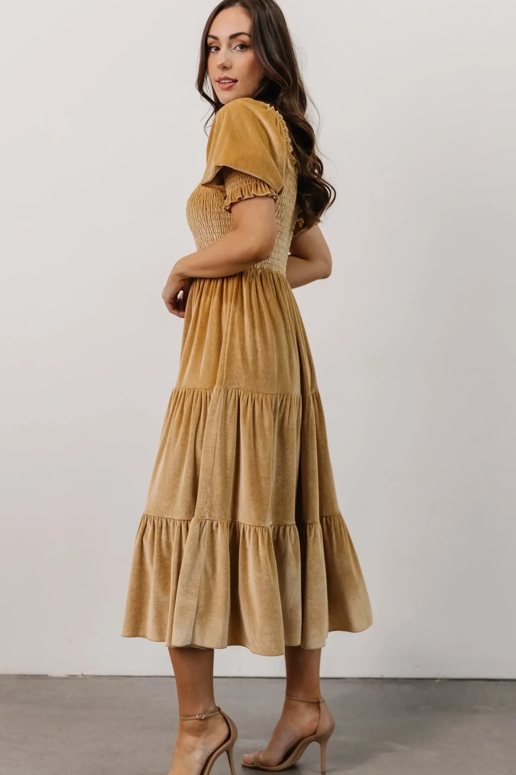 Hot Baltic Born Vivaldi Smocked Velvet Midi Dress | French Gold